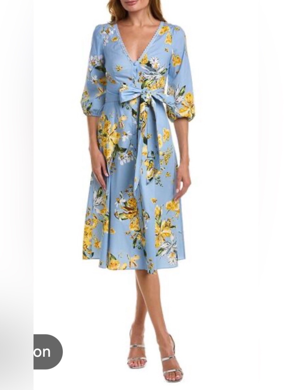 Marchesa Notte Light Blue Floral Wrap Midi Dress with Tie Waist and V-Neck